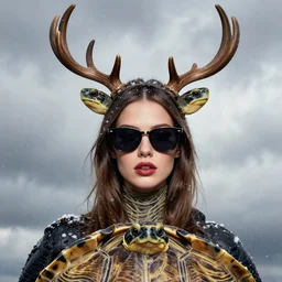 glamor portrait, young female model, electric sunglasses, antlers, turtle skin, falling snow, cloudy background, intricate detailed hyperrealistic by mandy jurgens and helene knoop and alex ross, bold colors, artstation