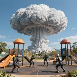 terminators playing on a playground with a giant nuclear mushroom cloud in the back ground of a bright blue sky high level of detail 8 k resolution hyperdetailed photorealism