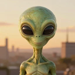 a professionally painted portrait of a typical alien with large eyes, friendly, symmetry, golden hour, 8k, HD