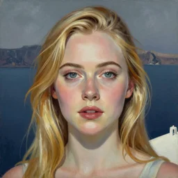 professional painting of Elle Fanning in Santorini in the style of George Tooker, head and shoulders portrait, symmetrical facial features, smooth, sharp focus, illustration, intricate, stormy weather, extremely detailed masterpiece,