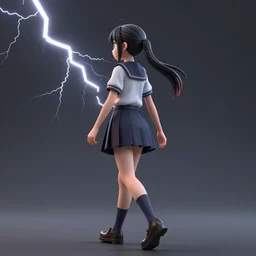 3d hd render of teenager anime girl full body walking backwards octane render post denoised, night sky, volumetric lightning dark grey tint