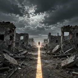 The ruined world after the destruction, with hope and a lighting road