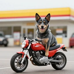 blue heeler dog on a motorcycle, 8 k photography, blurred background of a wafflehouse