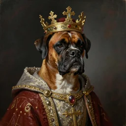 an oil painting portrait of a boxer dog wearing medieval royal robe and an ornate crown on a dark background, digital Art, concept Art, highly detailed, 3-D 4K, trending on art station, Award winning, Mark Brooks