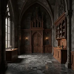 highly detailed 3 d architectural render of a gothic castle interior, dark aesthetic, wooden fixtures, volumetric lighting, granite glossy floors, octane render,