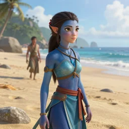 photo, katara from avatar, 2 cj 3, beach, sand, intristic details, highly artistic, volumetric lighting