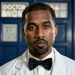 kanye west as the doctor! with bowtie! in doctor who, doctor who, tardis! tardis! movie still, detailed face, cinematic lighting, ray tracing, octane render, long lens, shallow depth of field, bokeh, anamorphic lens flare, 8 k, hyper detailed, 3 5 mm film grain