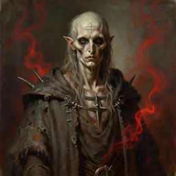 portrait of a mage, male emaciated, dead - eyed stare, wearing spikes and piercings, sigils, tattered robes, wisps of red smoke, painting by greg rutkowski and gustave dore ( skeletal )
