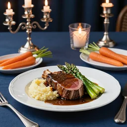 product shot of a dinner with prime rib, asparagus, mashed potatoes and gravy, and steamed carrots with blue table cloth and lit candles in ornate silver candlesticks, ultra - realistic, photo realism, professional photograph, extreme detail, deep focus, laser sharp, volumetric lighting, atmospheric, luxury, elite