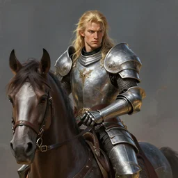 portrait, handsome long - haired male fantasy paladin in shining armor on an armored horse, blond, rpg game, stern expression, main character, detailed, digital painting, artstation, sharp focus, illustration, artgerm, tomasz alen kopera, peter mohrbacher, donato giancola, joseph christian leyendecker, wlop, frank frazetta