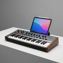 dezeen showroom , minimalissimo, archdaily, , teenage engineering moad, mother of all decks, product design concept,product shot of moog melotron synthesizer with ipad gradient screens designed by jony ives, dieter rams, 8k, highly detailed photo
