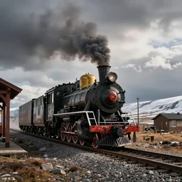steam locomotive on the old arctic railway arriving at a station