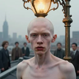 closeup portrait of albino mandarin with thin, stained lips standing under rococo lamp on rooftop overlooking the city, science fiction concept art by j. c. leyendecker, greg rutkowski, deak ferrand, anato finnstark, yoshitaka amano, and rembrandt