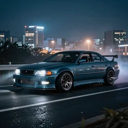 a car JZX90 twin turbo drift spec in middle of road, Saitama prefecture, city midnight mist lights, cinematic lighting, photorealistic, highly detailed wheels, high detail