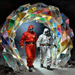 two scientists wearing red and silver hazmat suits entering the geometric rainbow crystal dimensional gateway by frank frazetta
