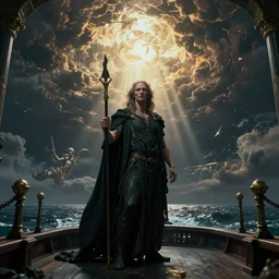 Charon the ferryman of Hades, by Rolf Armstrong, dramatic lighting, high contrast colors, baroque, empyrean, panoramic view, as trending on Artstation, highly detailed, doom engine,