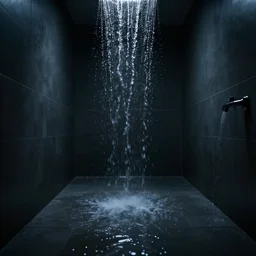Water falling on Water in infinite bathroom leading to darkness, 4k, low light ambience, shadow hallways, water floor