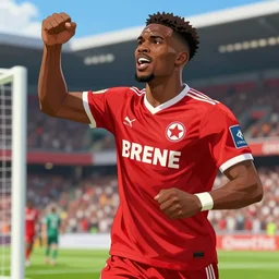 football player terrence boyd in a red jersey of the 1.fc kaiserslautern celebrating a goal, anime style, by Akira Toriyama, very highly detailed, sunny weather
