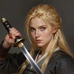 woman blond portrait with katana, art by greg rutkowski and artgerm and ilya kuvshinov, portrait, d & d, fantasy, highly detailed, digital painting, headshot, trending on artstation, concept art, sharp focus, illustration 8 k render
