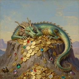 painting of a sleeping dragon on top of a mountain of gold coins and jewels!! soft lighting, high fantasy, retro 8 0 s, realistic illustration, art by peter elson greg rutkowski and thomas kinkade, 4 k