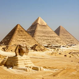 a panorama of a futuristic pyramids of giza and sphynx, digital art, trending on artstation