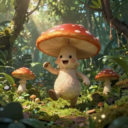 Intricate detailed illustration, A small and happy humanoid mushroom frolicking in a lush tropical jungle, 🍄 , cinematic lighting, by Philip Hood, wide angle, volumetric light scattering, 8k, artstation, concept art,