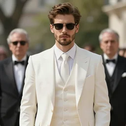 detailed cinematic wide shot of beautiful attractive young man sunglasses white suit white waistcoat white shirt white tie brown hair brown beard slim face symettrical face clean skinultra realistic, spring light, painting by gaston bussiere, craig mullins, j. c. leyendecker