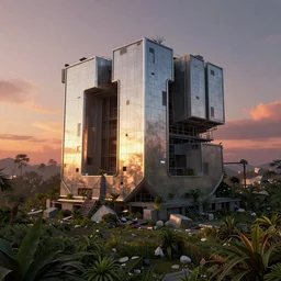 brutalist architecture, surrounded by lush green vegetation, stunning volumetric lighting, sunset, metal, concrete, translucent material, scattered rubbish and debris, stunning skies, 8k, photorealistic, hyper detailed, unreal engine 5, IMAX quality, cinematic, epic lighting, digital painting in the style of DOOM, by Greg Rutkowski, trending on Artstation