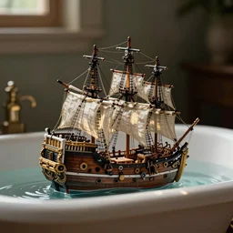 A tiny pirate ship floating in a bathtub