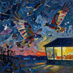 night hawks, painting by shaun tan, detailed, intricate, torn paper decollage, neon colors palette, oil on canvas by edward hopper, ( by mattias adolfsson ), by moebius