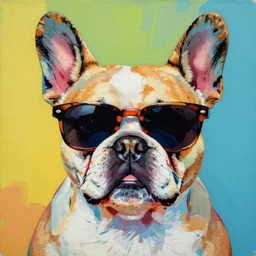 An Andy Warhol style painting of a French bulldog wearing sunglasses, pop art