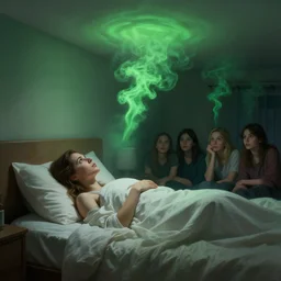 a woman laying in bed at night [ [ [ looking ] ] ] at the ceiling, covered in blankets, green smoke!!!!! surreal concept art, lifelike, photorealistic, digital painting, aesthetic, smooth, sharp focus, artstation hd, artgerm and by greg rutkowski, bruce pennington, valentina remenar, rhads, asher duran,