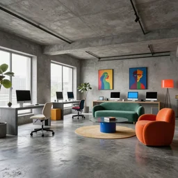 Interior shot of a futuristic brutalist studio apartment with computers made out of concrete and with glossy concrete floor and colorfull furnitures by Petros Afshar and Beeple, James Gilleard, Mark Ryden, Wolfgang Lettl highly detailed