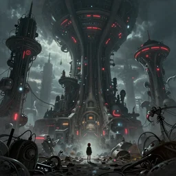 beautiful low angle painting of ab alien world with unknown structures and technology, steampunk, wires everywhere, junk on the ground, neon lights, red neon highlights, a tiny girl watching on, moody atmosphere, epic composition, dramatic lighting, trending on artstation, octane render, by robert zemeckis