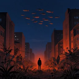 city overgrown with nature, lone man + school of fish flying in the sky, mads berg, karolis strautniekas, film noir, stippled light, dramatic lighting, editorial illustration, detailed, fine texture, matte print, art deco, brutalism, dark blue + dark orange, red, black, ( ( habitat 6 7 background ) ) 1 0 2 4