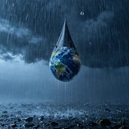 Apocalyptic rain, massive raindrops, hyper detailed photorealistic, dramatic lighting, global warming, blue sky
