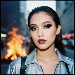 Cinestill 50d candid photography of a city on fire, a techwear mixed woman wearing thick mascara and dark glitter makeup crying outside of a city on fire, tattoos, long shot, wide shot, full shot, blurry, 4k, 8k, hd, full color