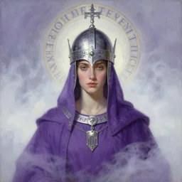 portrait of a divine person dressed in purple robes and a round helmet, knight helmet, silver crown, runes, jewelry, mystical, ethereal, magical white fog, painting by greg rutkowski and alphonse mucha