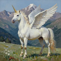 pooping winged unicorn, against the backdrop of the dagestan mountains symmetrical, concept art, realistic oil painting