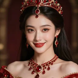 photograph of wonderful princess with smooth fair skin, alluring eyes, smiling, red jewelry, breathtaking, elegant, ornate, intricate, hyper detailed, accent lighting, dramatic light, 4 k octane render