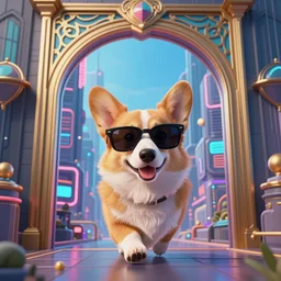 a corgi wearing sunglasses going through portal to a cyberpunk blade runner city, art nouveau, reylia slaby, peter gric, trending on artstation, volumetric lighting, cgsociety, unreal engine, octane, 8 k, 4 k, high definition