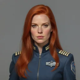Portrait of a woman by Greg Rutkowski, she is about 30 years old, redhead, long straight hair, beautiful oval face, wearing a futuristic spaceship captain uniform, strict but caring mom vibes, highly detailed portrait, digital painting, artstation, concept art, smooth, sharp foccus ilustration, Artstation HQ.
