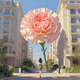 giant carnation flower as a ahead, a woman walking between luxury apartments, surreal photography, sunlight, impressionist painting, digital painting, artstation, simon stalenhag