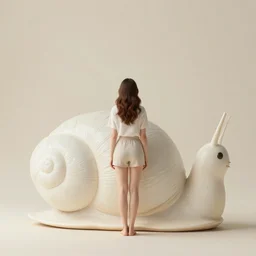 A photograph of a woman standing in a snail-shaped interior space with her back to the camera， an arched door glowing white at the end, neon colors,F3.5,ISO640,18mm,1/60,Canon EOS 90D.