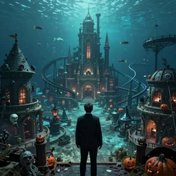 a horror based amusement park created by a frugal businessman during halloween that takes place deep underwater and is built on the idea of the lost city of atlantis and created on a shoestring budget, first person perspective looking up, halloween decorations, underwater city, amusement park, spooky, fish in the background, rides, amusement park buildings, deep sea themed, horror themed, fun, concept art, by harper groff in collaboration with tim burton