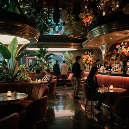 concept art, crowded retro - futurist speakeasy, reflections, dark moody lighting, designer furniture, high ceiling, 6 0 s colour palette, beautiful plants, colourful flowers, syd mead, akihiko yoshida, cinematic