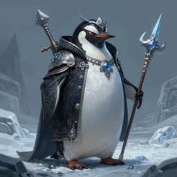 anthropomorphic evil penguin, dark clothes, icy landscape, wearing weapons, dnd, mystical, character, fantasy, intricate, elegant, digital painting, artstation, concept art, smooth, 8 k frostbite 3 engine, ultra detailed, art by artgerm and greg rutkowski and magali villeneuve