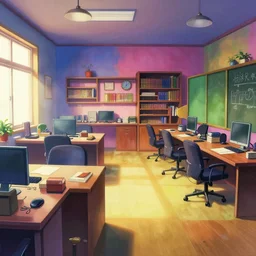 colorful interior of an empty office belonging to a senior member of the kitsune adventurer's guild, anime, a fantasy digital painting by greg rutkowski and james gurney, trending on artstation, highly detailed