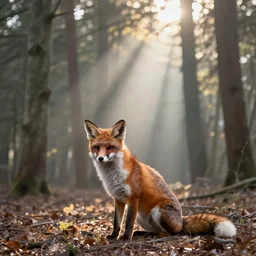 a high quality photograph taken in a woods at sunrise, a fox sits in the foreground, shafts of sunlight filtering through the trees, a gentle mist rises, taken by michael kenna, charlie waite, cinematic, epic scene, award winning photography, flickr, 5 0 0 px, nature photography, landscape photography