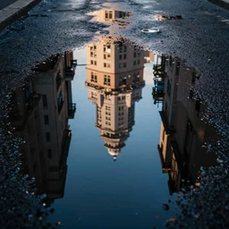 a close - up photo of the reflection of a city in a puddle of water on the ground, hyperrealistic, concept art, octane render, unreal engine 5, trending on artstation, high quality, highly detailed, 8 k, dramatic lighting, cinematic, path traced, macro photo, digital art, synthwave, beautiful composition, centered